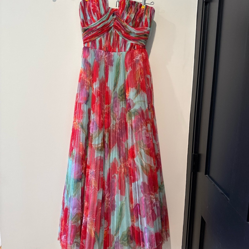 Anthropologie Strapless Red Floral Pleated Maxi Dress - Picture 3 of 6